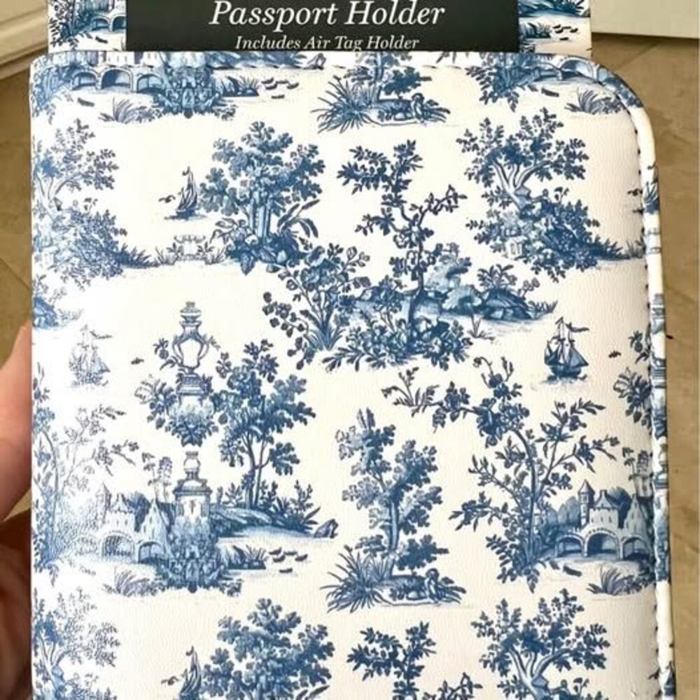 Martha Stewart blue toile passport holder with AirTag space